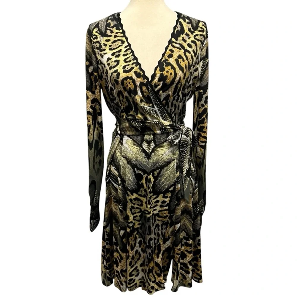 Hale Bob Animal Print Long Sleeve Faux Wrap Dress Women’s Medium - Picture 6 of 12
